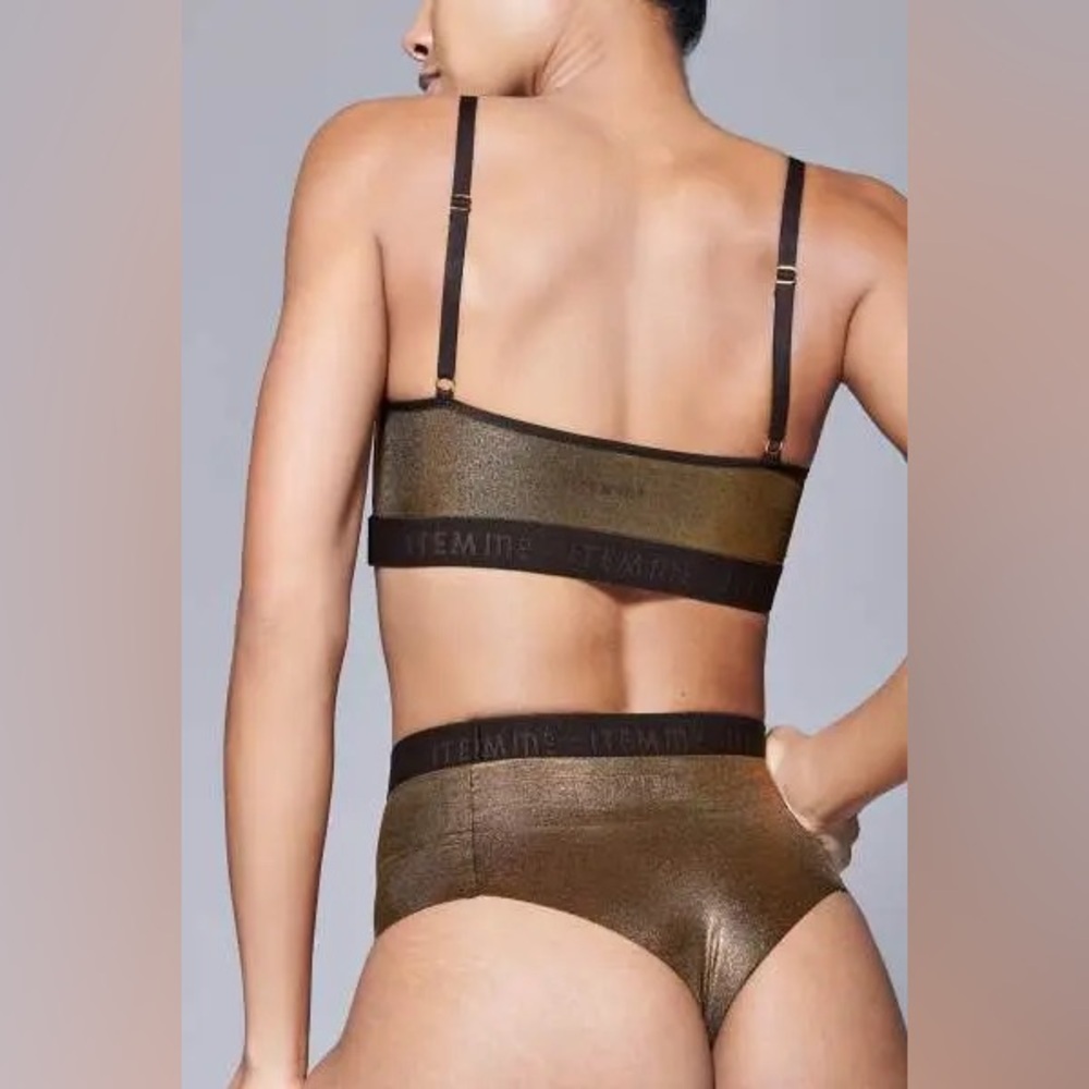 NWT ITEM M6 Metallic power mesh lingerie set in golden black Brazilian Cut SMALL